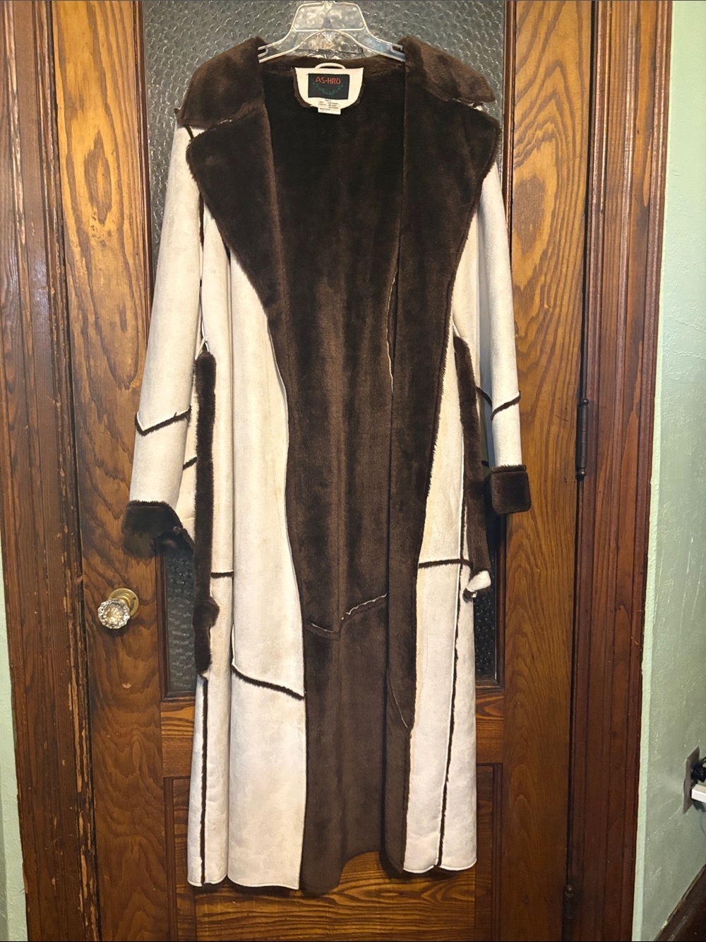 Ashro Brown and Cream Long Shearling Trench Coat